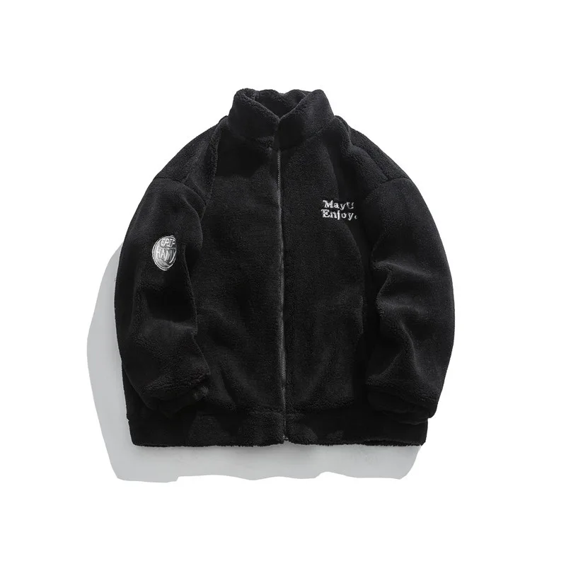 Casual Letter Embroidered Lamb Wool Coat Neutral Cotton padded Jacket Black - Shop at LoveMi