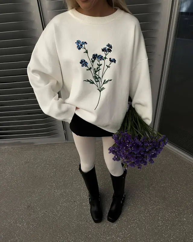 Autumn Flower Embroidered Crew Neck Sweater White - Shop at LoveMi