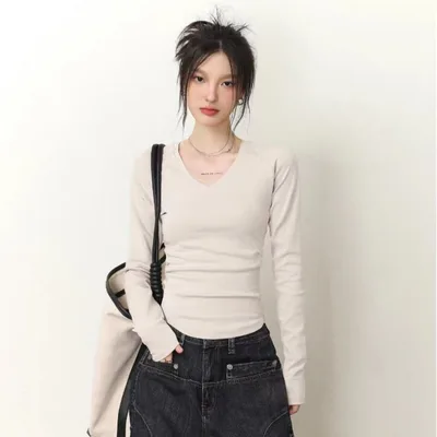 Slim Fit Inner Bottoming Top Soft Glutinous Dralon V neck Pleating Shirt Shoulder Women Apricot - Shop at LoveMi