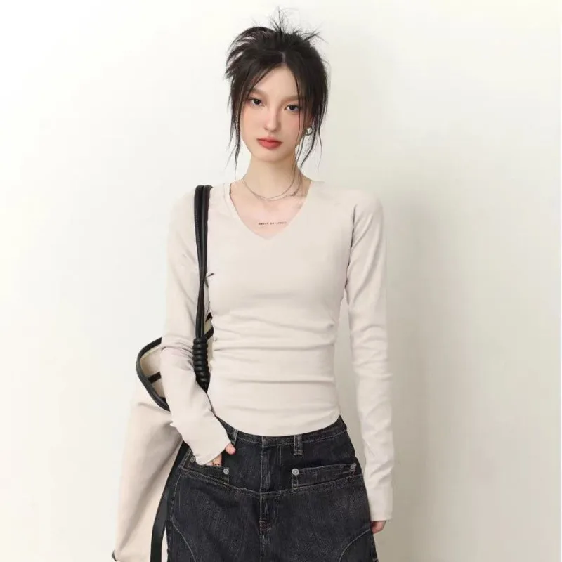 Slim Fit Inner Bottoming Top Soft Glutinous Dralon V-neck Pleating Shirt Shoulder Women - Apricot - View 1