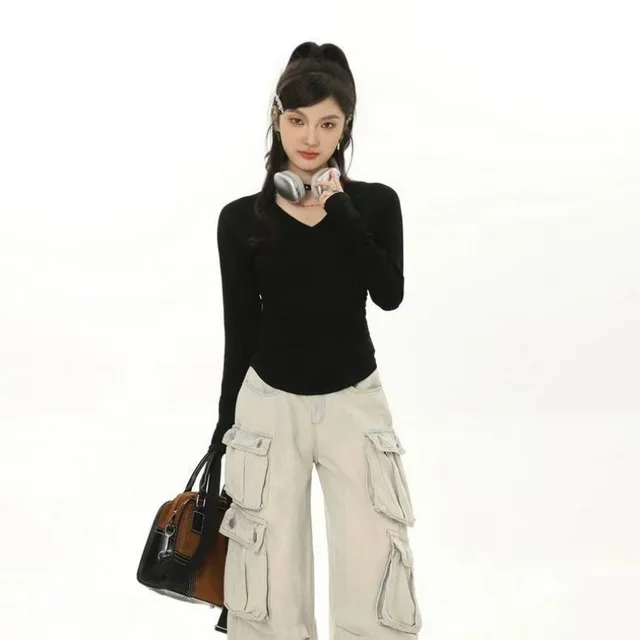 Slim Fit Inner Bottoming Top Soft Glutinous Dralon V neck Pleating Shirt Shoulder Women Black - Shop at LoveMi