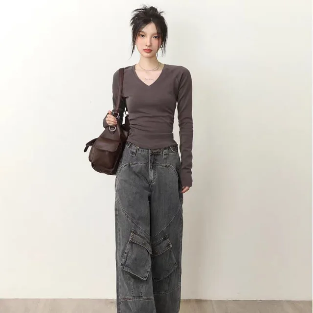 Slim Fit Inner Bottoming Top Soft Glutinous Dralon V neck Pleating Shirt Shoulder Women Dark Gray - Shop at LoveMi