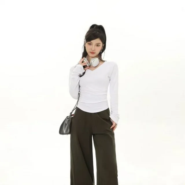 Slim Fit Inner Bottoming Top Soft Glutinous Dralon V neck Pleating Shirt Shoulder Women White - Shop at LoveMi