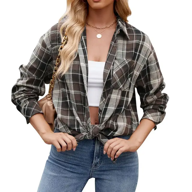 Women's Casual Fashion Loose Plaid Shirt Brown - Shop at LoveMi