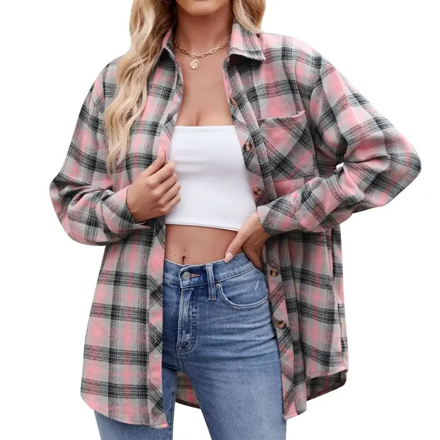 Women's Casual Fashion Hot Girl Loose Plaid Shirt Pink - Shop at LoveMi