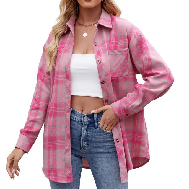 Women's Casual Fashion Loose Plaid Shirt Rose Red - Shop at LoveMi