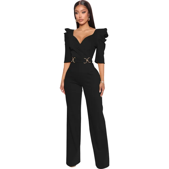Long Sleeve Sexy V Underwear Wide Leg Jumpsuit Black - Shop at LoveMi