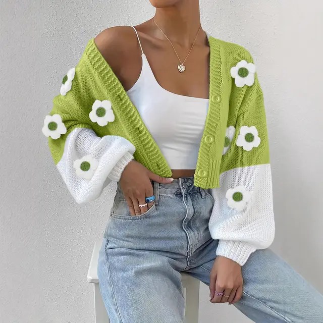 Knitwear Vintage Knitted Solid Color Flowers Green - Shop at LoveMi