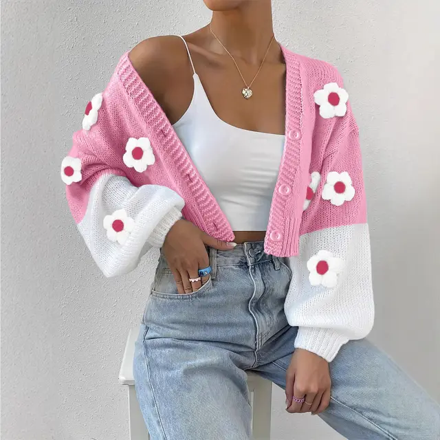 Knitwear Vintage Knitted Solid Color Flowers Pink - Shop at LoveMi