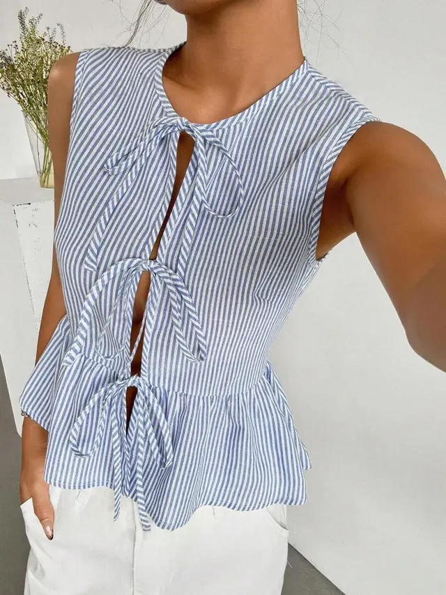 Summer Women's Casual Drawstring Sleeveless Shirt Blue - Shop at LoveMi