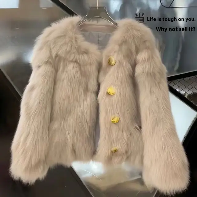 Autumn And Winter New Short Thickened Environmental Protection Faux Fox Fur High end Tops Coat For Women Beige Apricot - Shop at LoveMi
