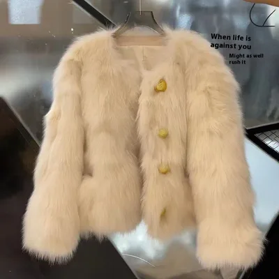 Autumn And Winter New Short Thickened Environmental Protection Faux Fox Fur High end Tops Coat For Women Beige White - Shop at LoveMi