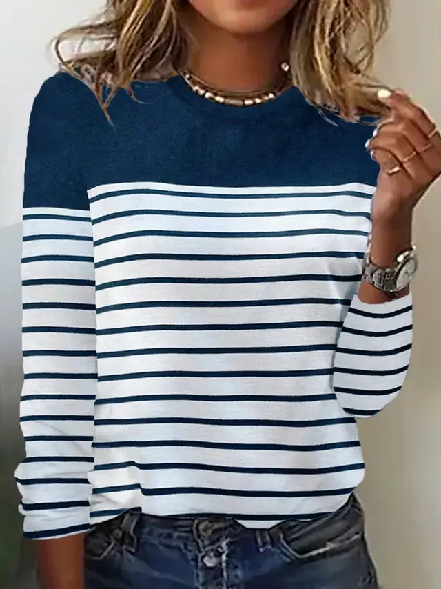 Long Sleeve Striped Two tone Printed Patchwork Round Neck Top T shirt Dark Blue - Shop at LoveMi
