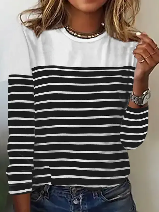 Long Sleeve Striped Two tone Printed Patchwork Round Neck Top T shirt White - Shop at LoveMi