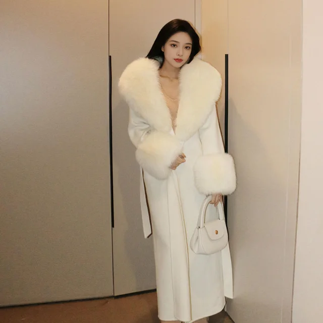 Lazy Lace up Waist controlled Woolen Coat White Big Fur Collar Coat - Shop at LoveMi