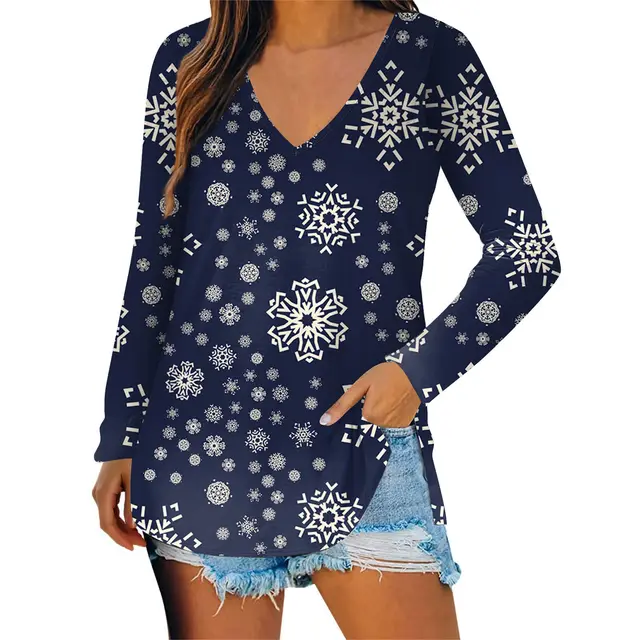 Autumn New Casual Christmas Pattern Long Sleeve V neck T shirt Wb14Wb14Zn241005Y060 - Shop at LoveMi