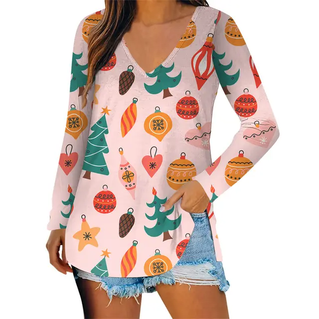 Autumn New Casual Christmas Pattern Long Sleeve V neck T shirt Wb14Wb14Zn241005Y061 - Shop at LoveMi