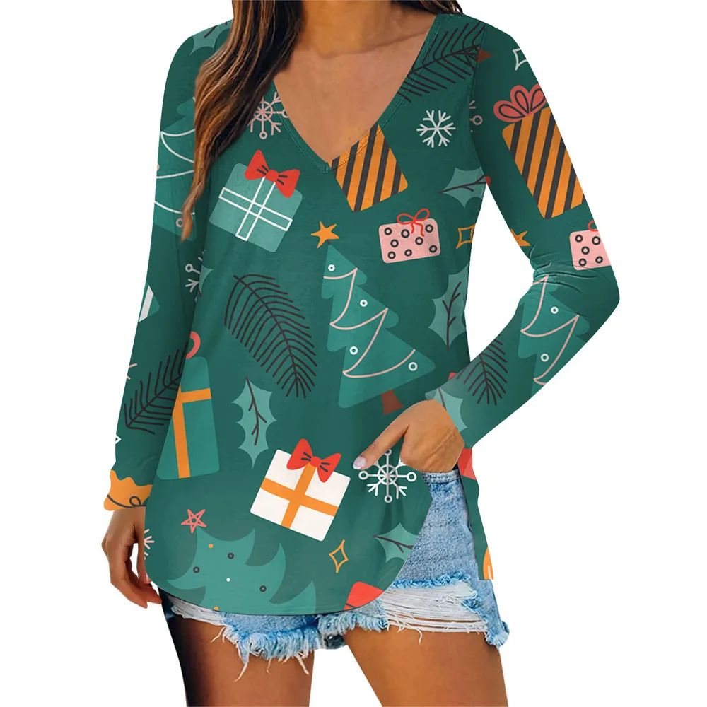 Autumn New Casual Christmas Pattern Long Sleeve V-neck T-shirt - Wb14Wb14Zn241005Y062