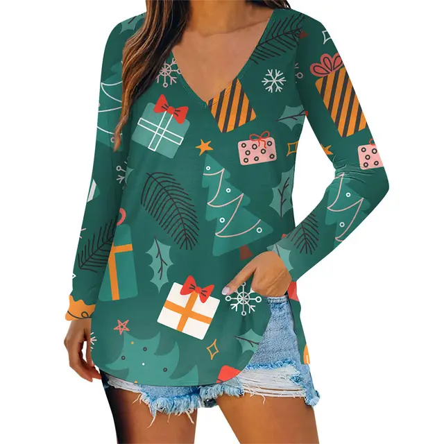 Autumn New Casual Christmas Pattern Long Sleeve V neck T shirt Wb14Wb14Zn241005Y062 - Shop at LoveMi