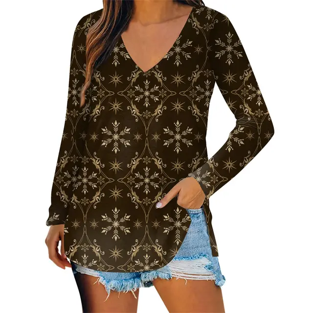 Autumn New Casual Christmas Pattern Long Sleeve V neck T shirt Wb14Wb14Zn241005Y063 - Shop at LoveMi