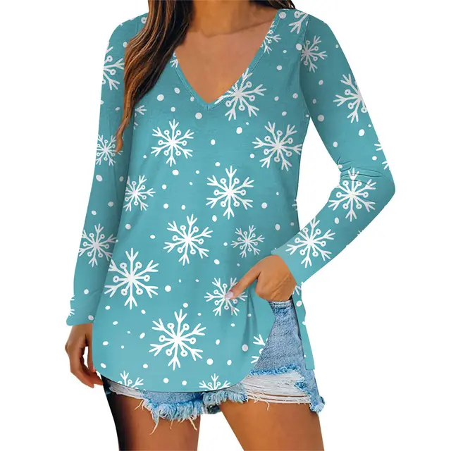 Autumn New Casual Christmas Pattern Long Sleeve V neck T shirt Wb14Wb14Zn241005Y064 - Shop at LoveMi