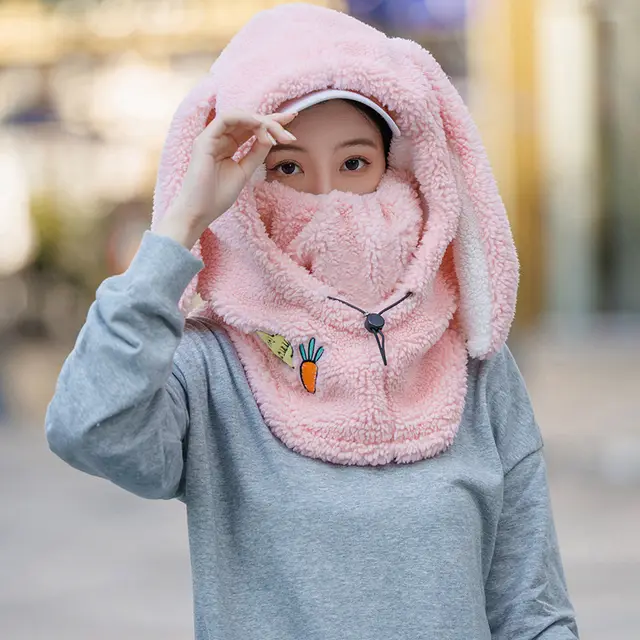 Korean Style Mask Hat Scarf Integrated Rabbit Style Ski Cap Pink - Shop at LoveMi