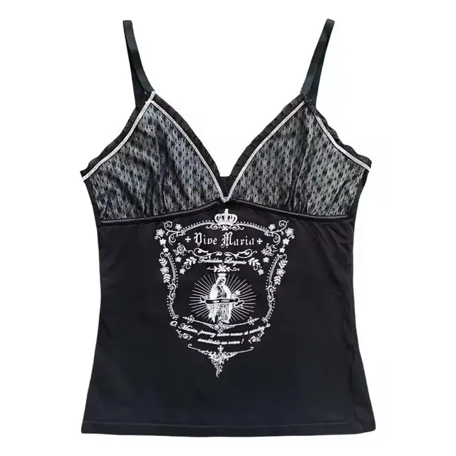 Bow Lace Trim Printed Sleeveless Tank Top Black 1 - Shop at LoveMi