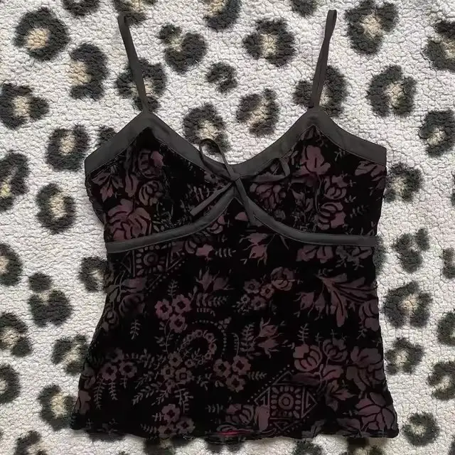 Bow Lace Trim Printed Sleeveless Tank Top Black 2 - Shop at LoveMi