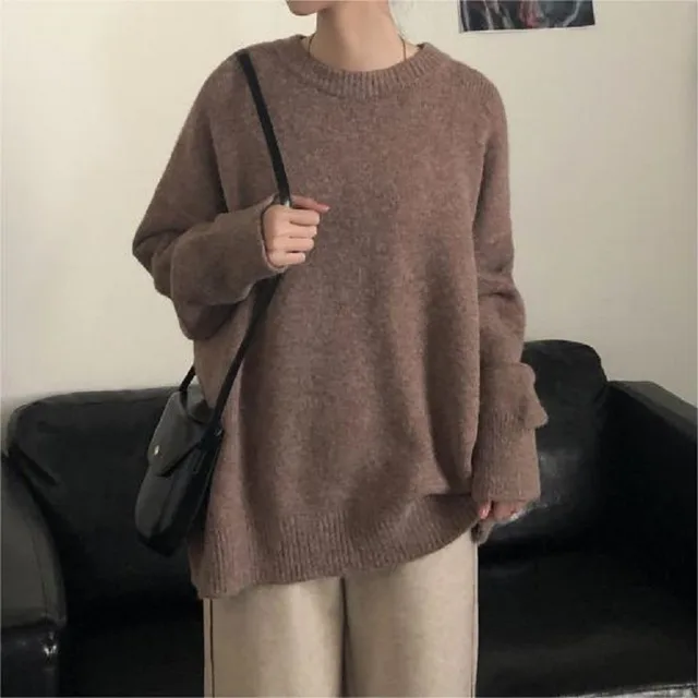 Women's Korean style Solid Color Round Neck Sweater Camel - Shop at LoveMi