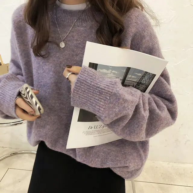 Women's Korean style Solid Color Round Neck Sweater Purple - Shop at LoveMi