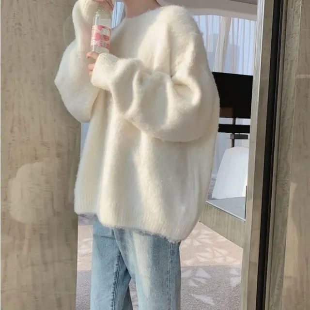 Women's Korean style Solid Color Round Neck Sweater White - Shop at LoveMi