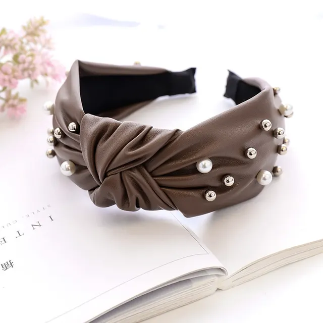 Fashion Leather Beaded Pearl Headband - Coffee Color