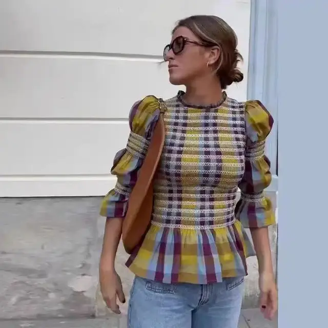 Fashion Ruffles Pleated Plaid Round Neck Long Sleeve Top Women's Clothing - Shop at LoveMi