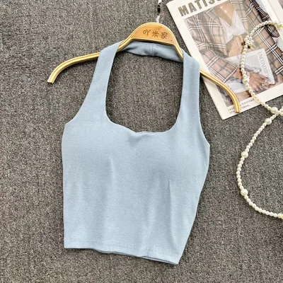 Women's Solid Color European And American Halter Spaghetti Straps Light Blue - Shop at LoveMi