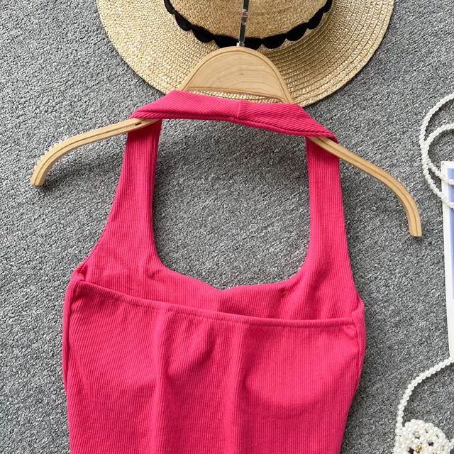 Women's Solid Color European And American Halter Spaghetti Straps Rose Red - Shop at LoveMi