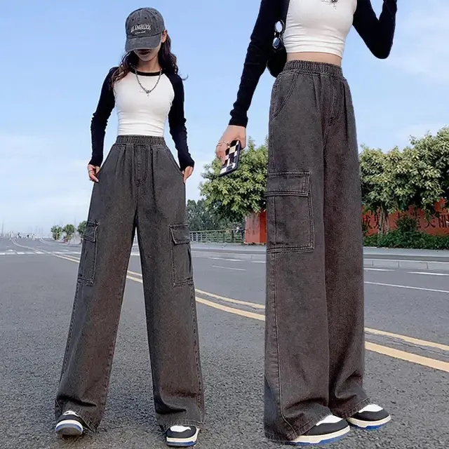 Plus Size Workwear Denim Trousers Wide Elastic High Waist Jeans 6151 Black And Gray - Shop at LoveMi