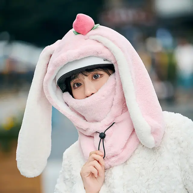 Winter Warm Peach Rabbit Mask Hat Scarf Integrated Peach Rabbit Pink - Shop at LoveMi