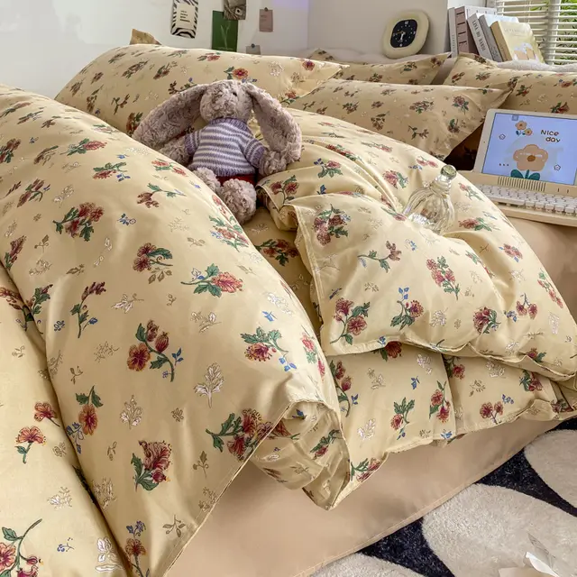 Washed Cotton Student Dormitory Bed Quilt Cover Vintage Flower - Shop at LoveMi