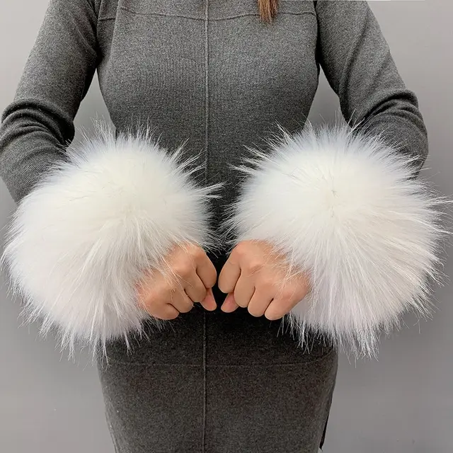 Imitation Rabbit Hair Wristband Cuffs And Wrist Covers White Jacquard - Shop at LoveMi