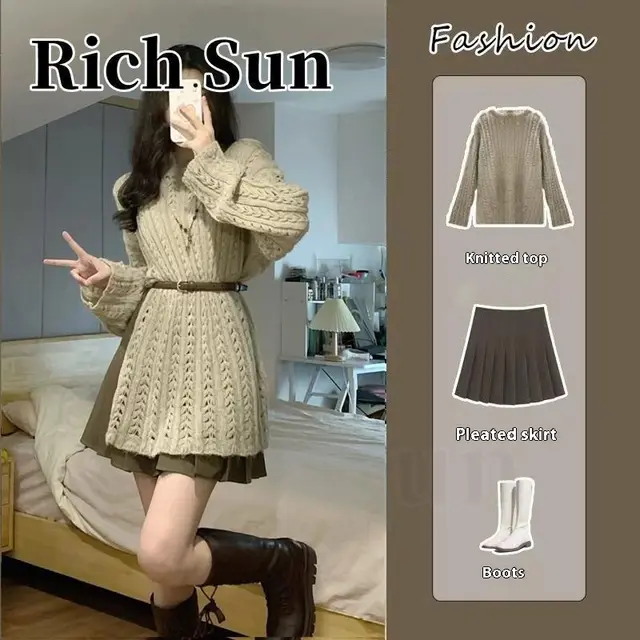 Hollow Out Sweater Pleated Skirt Suit Sweater With Belt - Shop at LoveMi