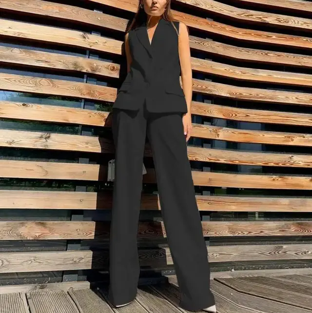 Suit Lapel Vest Jacket Wide Leg Pants Casual Suit Black - Shop at LoveMi
