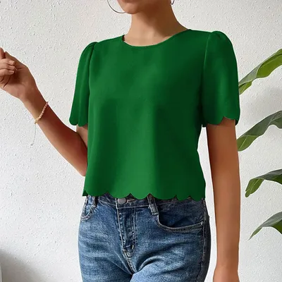 Solid Color Burnt Flower Scalloped Crop top Short Top Female Green - Shop at LoveMi