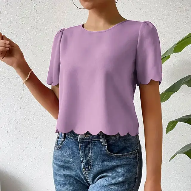 Solid Color Burnt Flower Scalloped Crop top Short Top Female Light Purple - Shop at LoveMi