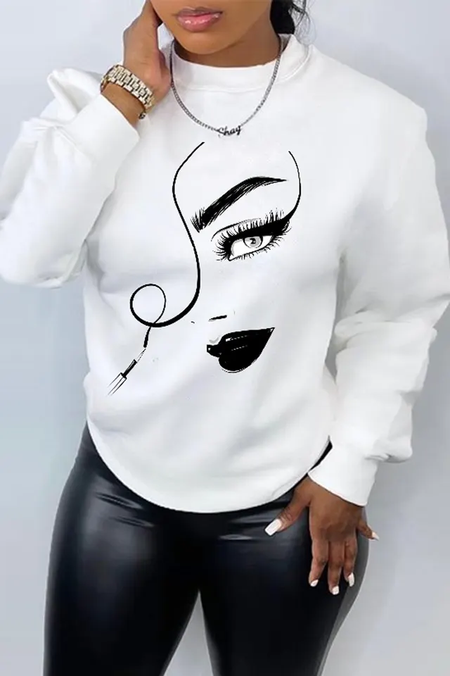 Women's Printed Long Sleeve Crew Neck Casual Loose Sweater White - Shop at LoveMi