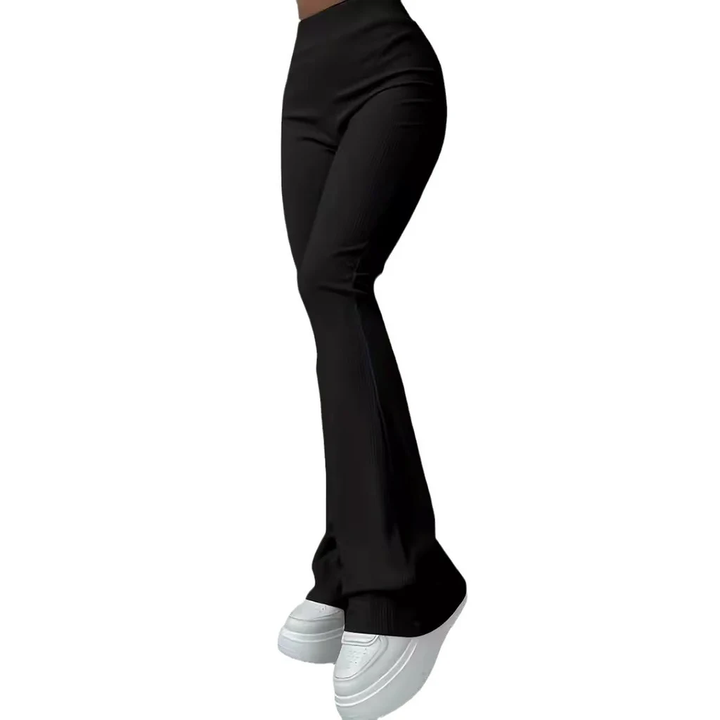 Casual Rib Simple Slim Fit Leggings Solid Color High Waist Fashion Trousers - Black