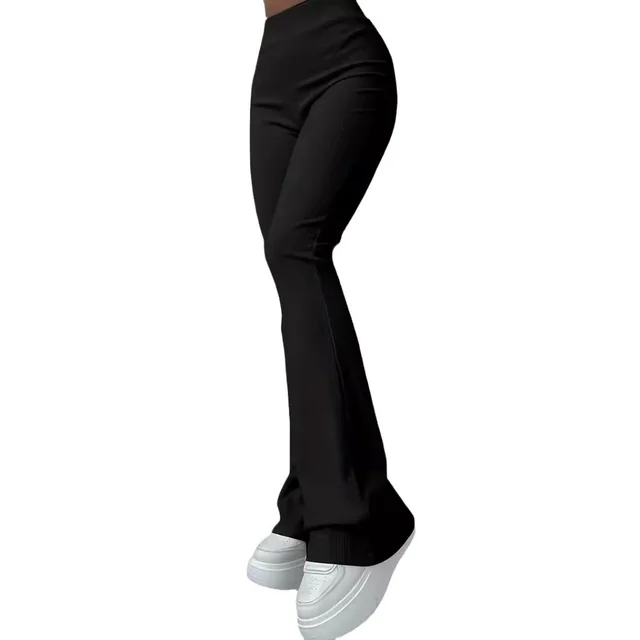 Casual Rib Simple Slim Fit Leggings Solid Color High Waist Fashion Trousers Black - Shop at LoveMi