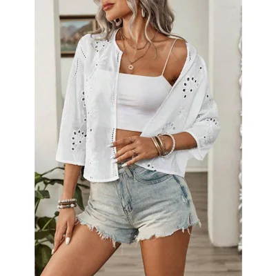 Cropped sleeve Jacquard Embroidered Cardigan Collarless Top Red - Shop at LoveMi