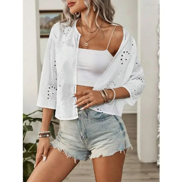 Cropped sleeve Jacquard Embroidered Cardigan Collarless Top White - Shop at LoveMi