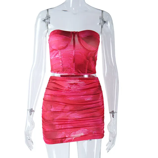 Sleeveless Chest Wrap Off shoulder Backless Small Vest Fashion Printed Pleated Sexy Skirt Summer Suit Red - Shop at LoveMi