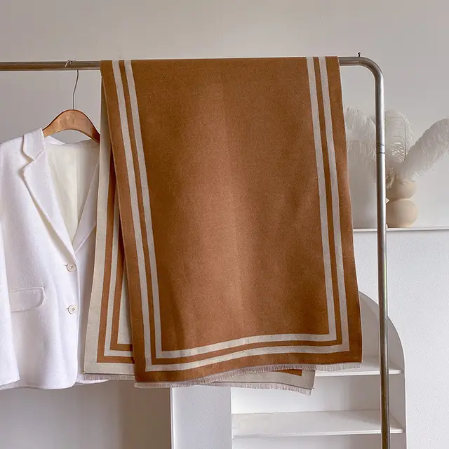 Solid Color Geometric Line Jacquard Thickened Warm Women's Scarf Khaki - Shop at LoveMi